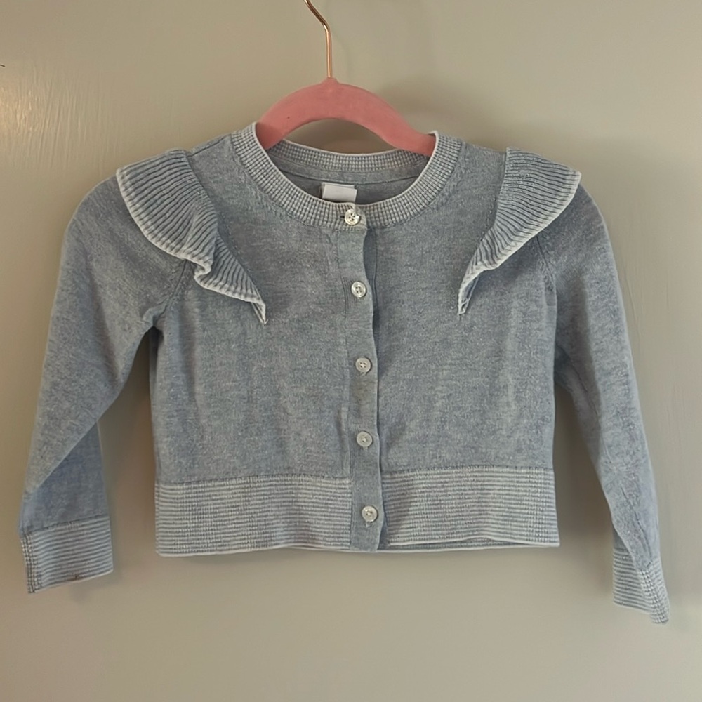 Baby Gap blue cardigan with ruffles and striped details